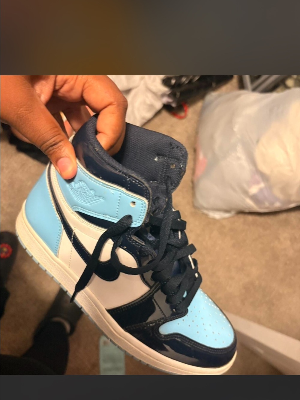 Air Jordan Style High Top Sneakers in Light Blue, Navy, White